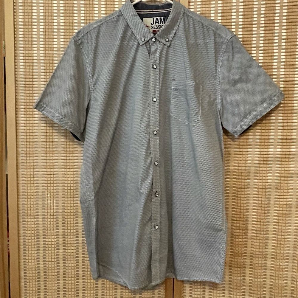 Jam Session‎ Shirt Mens XL Blue White Geometric Print Short Sleeve Button Up